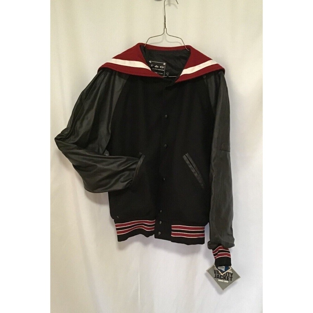 Varsity Jacket black leather sleeves burgundy‎ back flap M